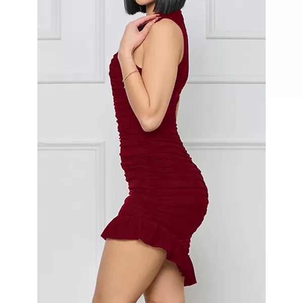 LYANER Women's Satin Ruched Asymmetric Hem Crew Neck Bodycon Sleeveless Mini Dress