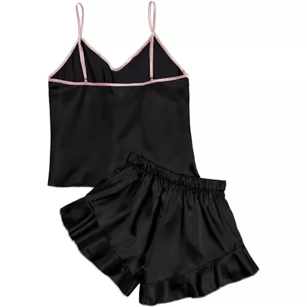 LYANER Women's Satin Silk 2pcs Set Pajamas V Neck Cami Top With Self Tie Shorts Pj Sst Sleepwear