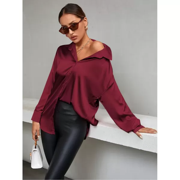 LYANER Women's Satin Silk Collar V Neck Button Down Long Sleeve Blouse Shirt Top