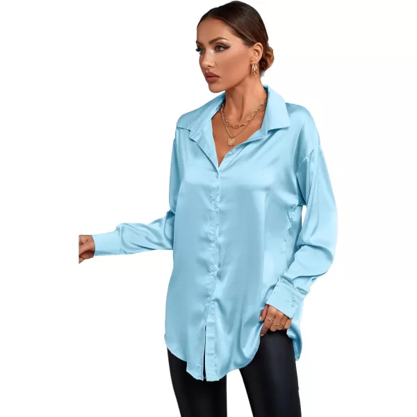 LYANER Women's Satin Silk Collar V Neck Button Down Long Sleeve Blouse Shirt Top