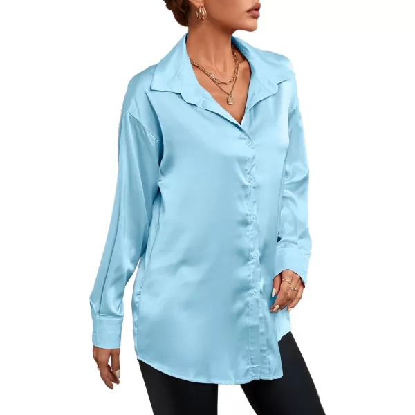 LYANER Women's Satin Silk Collar V Neck Button Down Long Sleeve Blouse Shirt Top