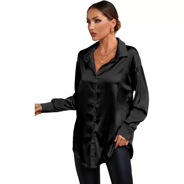 LYANER Women's Satin Silk Collar V Neck Button Down Long Sleeve Blouse Shirt Top