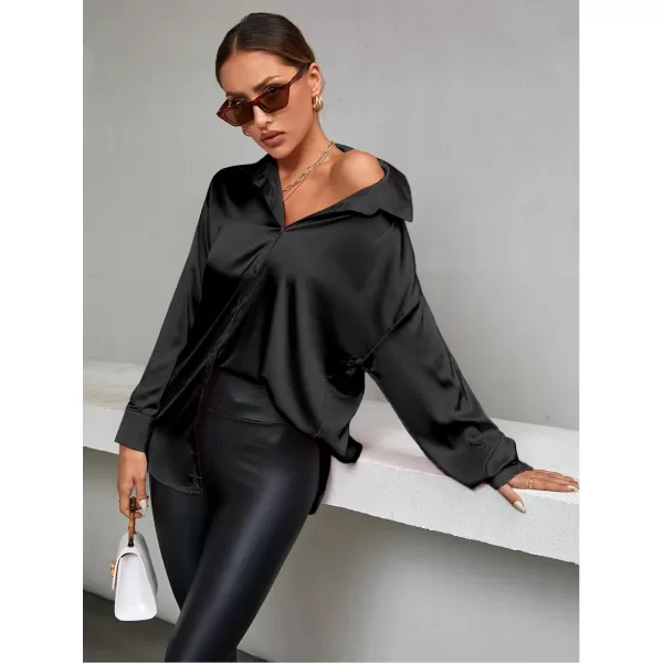 LYANER Women's Satin Silk Collar V Neck Button Down Long Sleeve Blouse Shirt Top