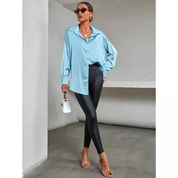 LYANER Women's Satin Silk Collar V Neck Button Down Long Sleeve Blouse Shirt Top