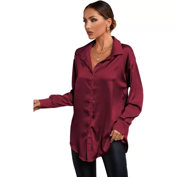LYANER Women's Satin Silk Collar V Neck Button Down Long Sleeve Blouse Shirt Top