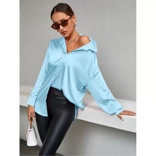 LYANER Women's Satin Silk Collar V Neck Button Down Long Sleeve Blouse Shirt Top
