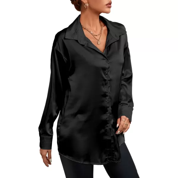 LYANER Women's Satin Silk Collar V Neck Button Down Long Sleeve Blouse Shirt Top
