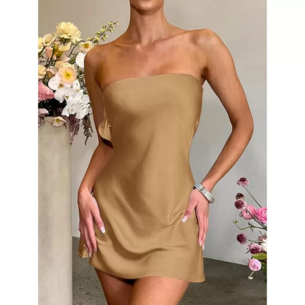 LYANER Women's Satin Silk Hollow Out Back Strapless Tube Bodycon Club Mini Dress