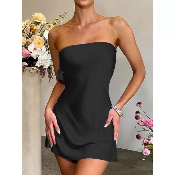 LYANER Women's Satin Silk Hollow Out Back Strapless Tube Bodycon Club Mini Dress