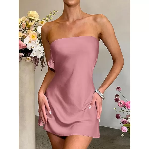 LYANER Women's Satin Silk Hollow Out Back Strapless Tube Bodycon Club Mini Dress