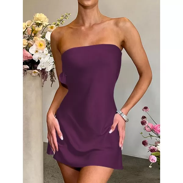 LYANER Women's Satin Silk Hollow Out Back Strapless Tube Bodycon Club Mini Dress