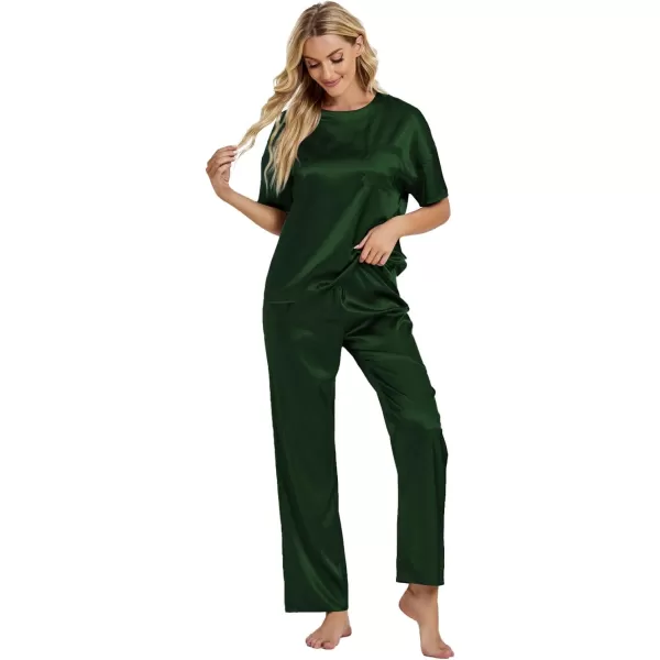 LYANER Women's Satin Silk Pajama Set Short Sleeve T-shirt with Pants Set PJ Loungewear