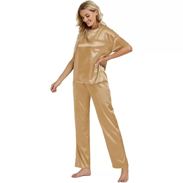 LYANER Women's Satin Silk Pajama Set Short Sleeve T-shirt with Pants Set PJ Loungewear