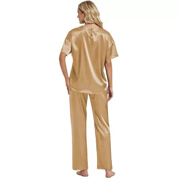 LYANER Women's Satin Silk Pajama Set Short Sleeve T-shirt with Pants Set PJ Loungewear