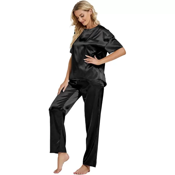 LYANER Women's Satin Silk Pajama Set Short Sleeve T-shirt with Pants Set PJ Loungewear