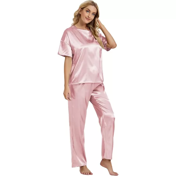 LYANER Women's Satin Silk Pajama Set Short Sleeve T-shirt with Pants Set PJ Loungewear