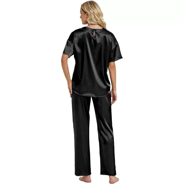 LYANER Women's Satin Silk Pajama Set Short Sleeve T-shirt with Pants Set PJ Loungewear