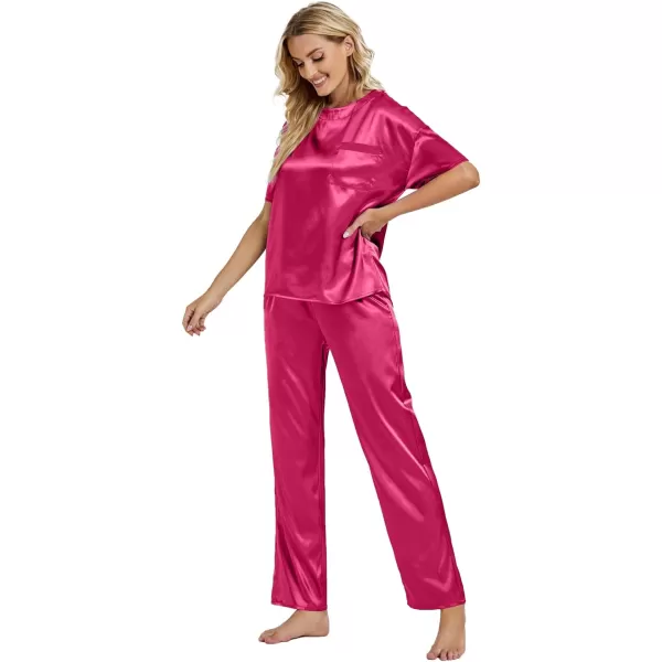 LYANER Women's Satin Silk Pajama Set Short Sleeve T-shirt with Pants Set PJ Loungewear