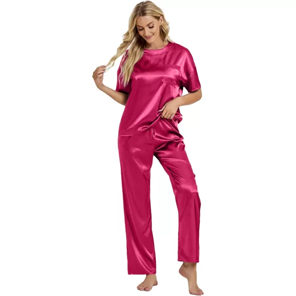 LYANER Women's Satin Silk Pajama Set Short Sleeve T-shirt with Pants Set PJ Loungewear