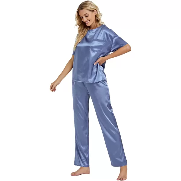 LYANER Women's Satin Silk Pajama Set Short Sleeve T-shirt with Pants Set PJ Loungewear