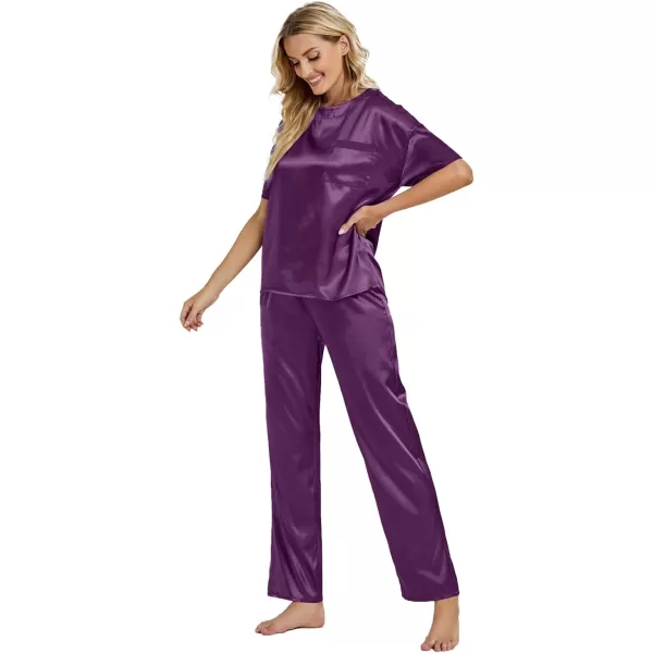 LYANER Women's Satin Silk Pajama Set Short Sleeve T-shirt with Pants Set PJ Loungewear