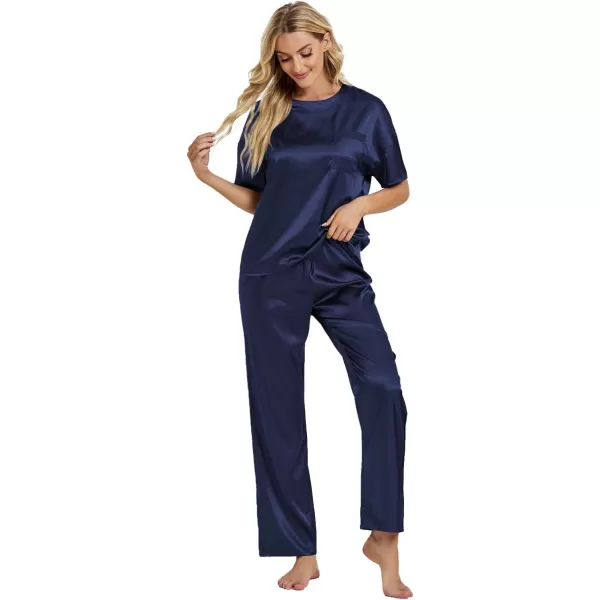 LYANER Women's Satin Silk Pajama Set Short Sleeve T-shirt with Pants Set PJ Loungewear