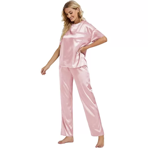 LYANER Women's Satin Silk Pajama Set Short Sleeve T-shirt with Pants Set PJ Loungewear