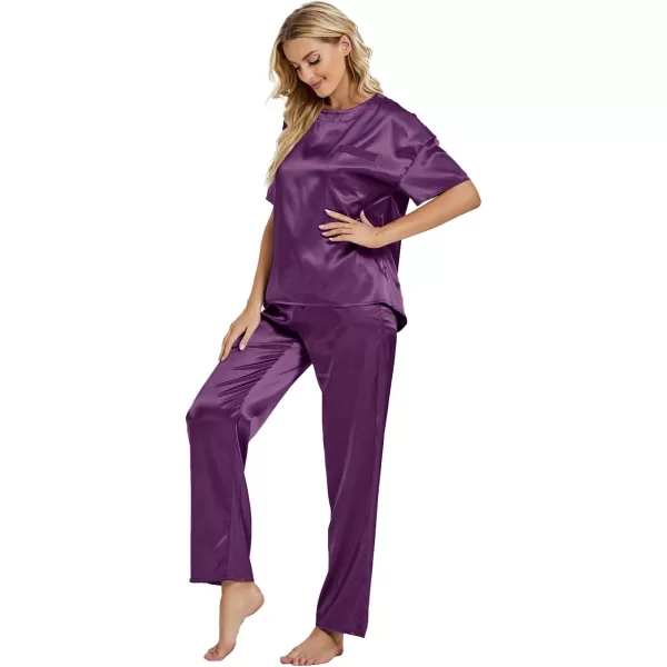 LYANER Women's Satin Silk Pajama Set Short Sleeve T-shirt with Pants Set PJ Loungewear