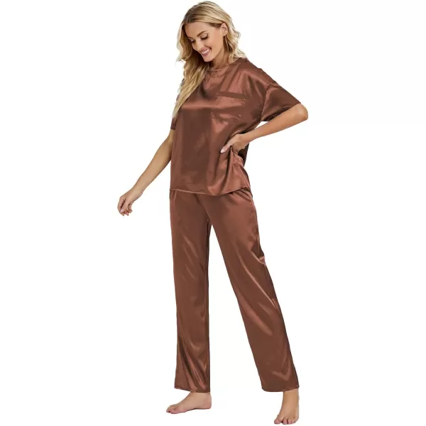 LYANER Women's Satin Silk Pajama Set Short Sleeve T-shirt with Pants Set PJ Loungewear