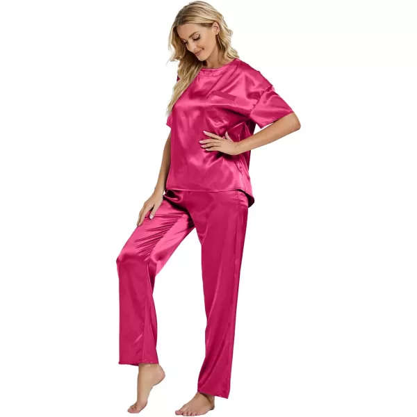 LYANER Women's Satin Silk Pajama Set Short Sleeve T-shirt with Pants Set PJ Loungewear