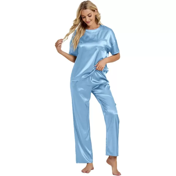 LYANER Women's Satin Silk Pajama Set Short Sleeve T-shirt with Pants Set PJ Loungewear