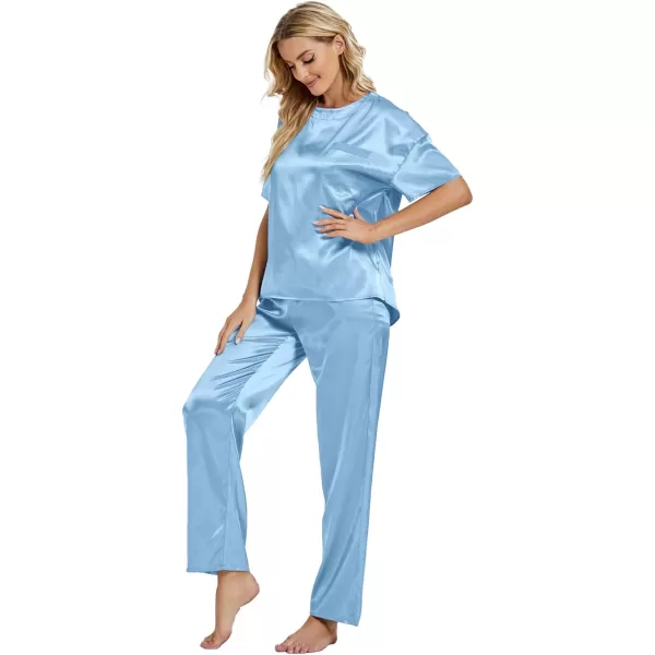LYANER Women's Satin Silk Pajama Set Short Sleeve T-shirt with Pants Set PJ Loungewear