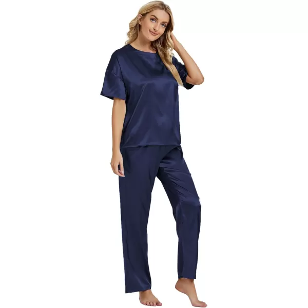 LYANER Women's Satin Silk Pajama Set Short Sleeve T-shirt with Pants Set PJ Loungewear