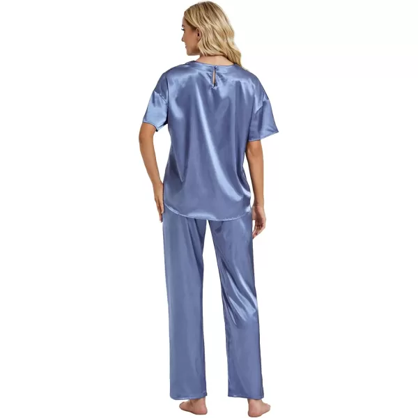 LYANER Women's Satin Silk Pajama Set Short Sleeve T-shirt with Pants Set PJ Loungewear