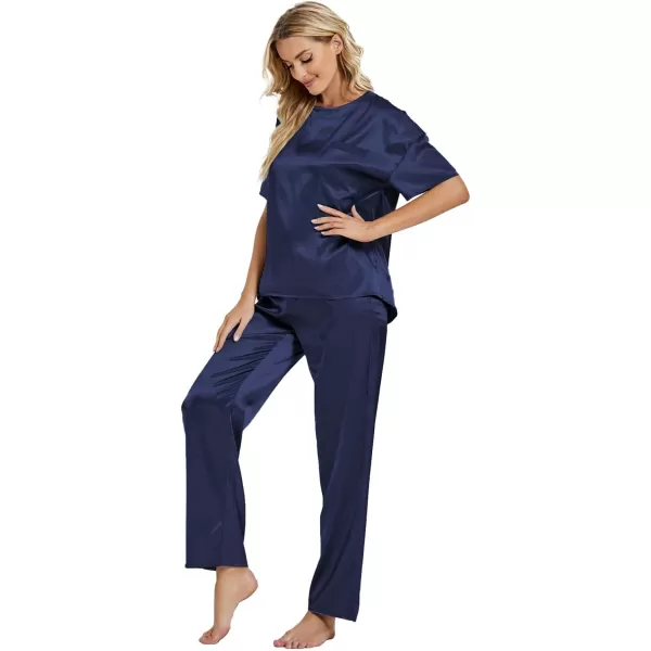 LYANER Women's Satin Silk Pajama Set Short Sleeve T-shirt with Pants Set PJ Loungewear