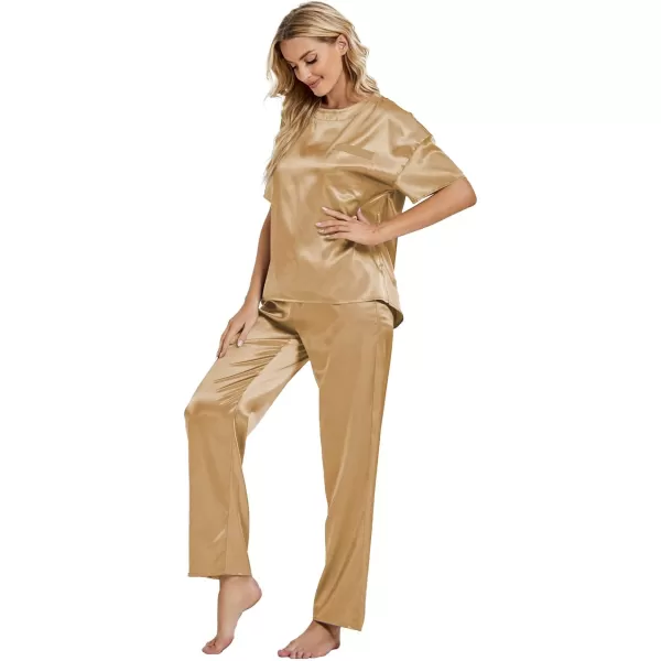 LYANER Women's Satin Silk Pajama Set Short Sleeve T-shirt with Pants Set PJ Loungewear