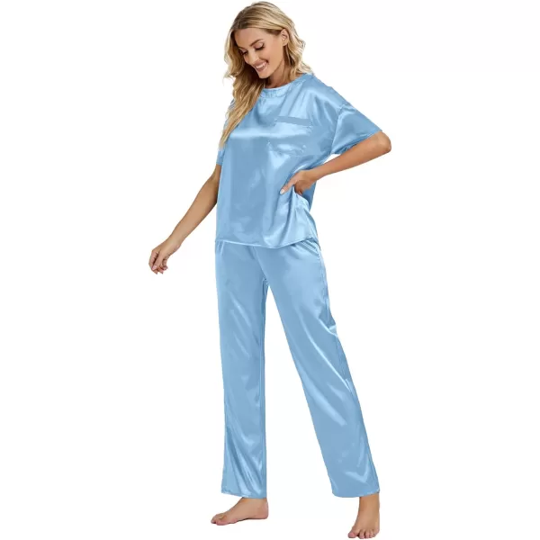 LYANER Women's Satin Silk Pajama Set Short Sleeve T-shirt with Pants Set PJ Loungewear