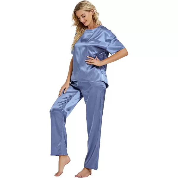 LYANER Women's Satin Silk Pajama Set Short Sleeve T-shirt with Pants Set PJ Loungewear