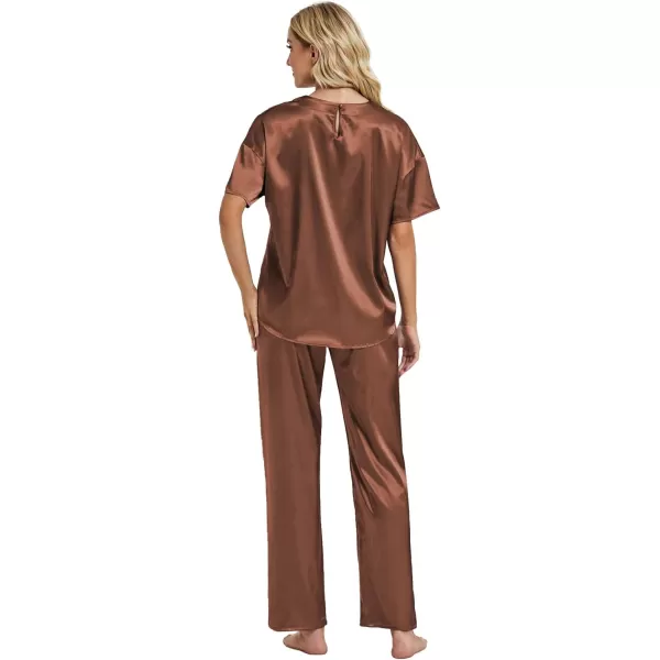 LYANER Women's Satin Silk Pajama Set Short Sleeve T-shirt with Pants Set PJ Loungewear