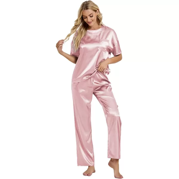 LYANER Women's Satin Silk Pajama Set Short Sleeve T-shirt with Pants Set PJ Loungewear