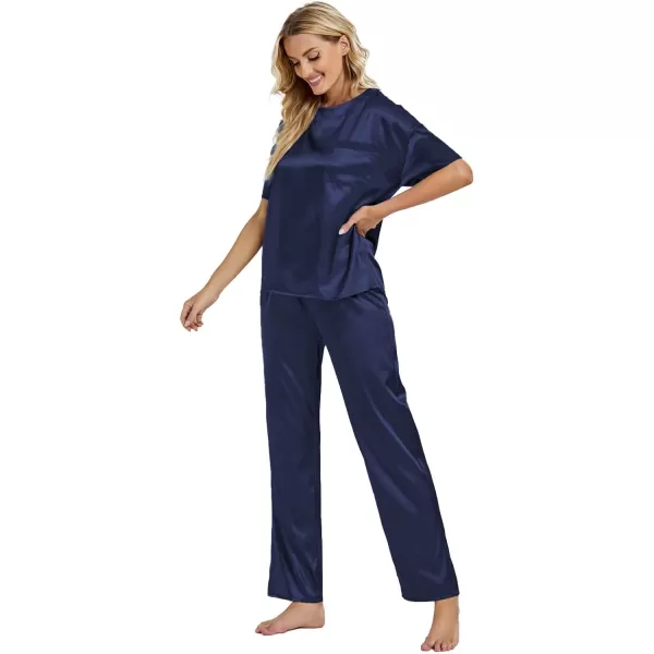LYANER Women's Satin Silk Pajama Set Short Sleeve T-shirt with Pants Set PJ Loungewear