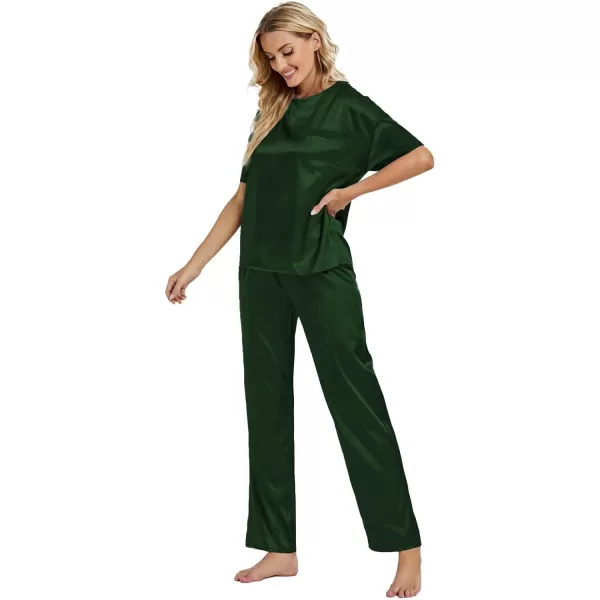 LYANER Women's Satin Silk Pajama Set Short Sleeve T-shirt with Pants Set PJ Loungewear