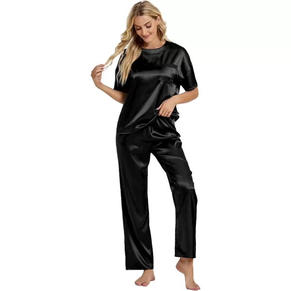 LYANER Women's Satin Silk Pajama Set Short Sleeve T-shirt with Pants Set PJ Loungewear