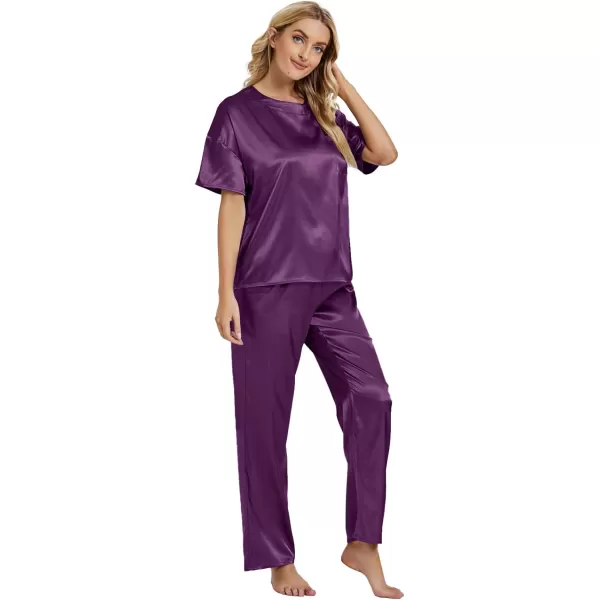 LYANER Women's Satin Silk Pajama Set Short Sleeve T-shirt with Pants Set PJ Loungewear