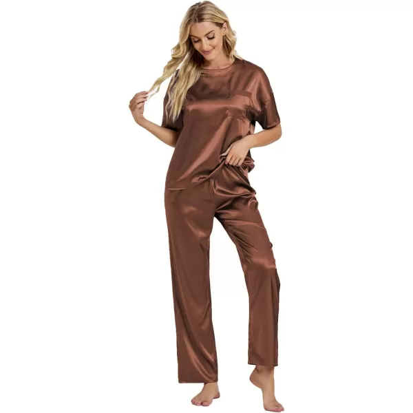 LYANER Women's Satin Silk Pajama Set Short Sleeve T-shirt with Pants Set PJ Loungewear
