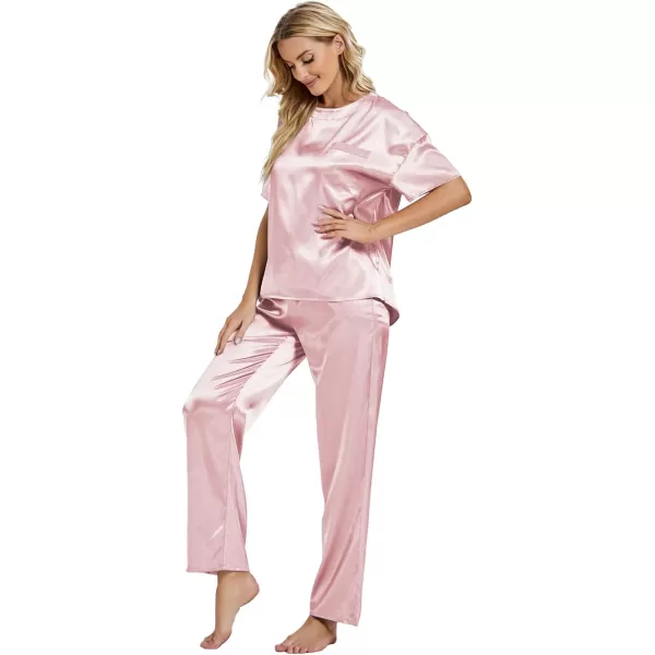 LYANER Women's Satin Silk Pajama Set Short Sleeve T-shirt with Pants Set PJ Loungewear