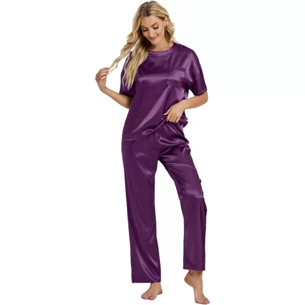 LYANER Women's Satin Silk Pajama Set Short Sleeve T-shirt with Pants Set PJ Loungewear