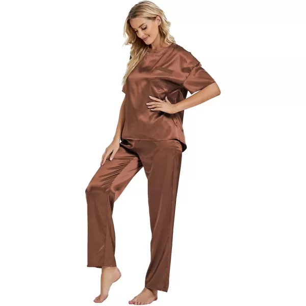 LYANER Women's Satin Silk Pajama Set Short Sleeve T-shirt with Pants Set PJ Loungewear