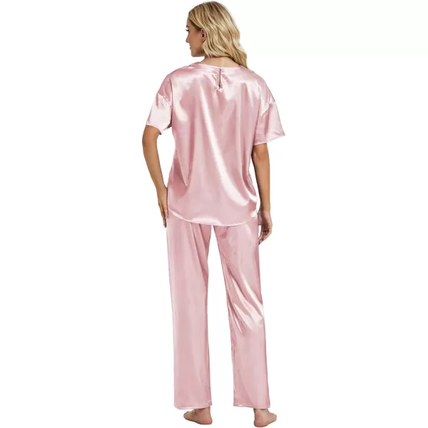 LYANER Women's Satin Silk Pajama Set Short Sleeve T-shirt with Pants Set PJ Loungewear