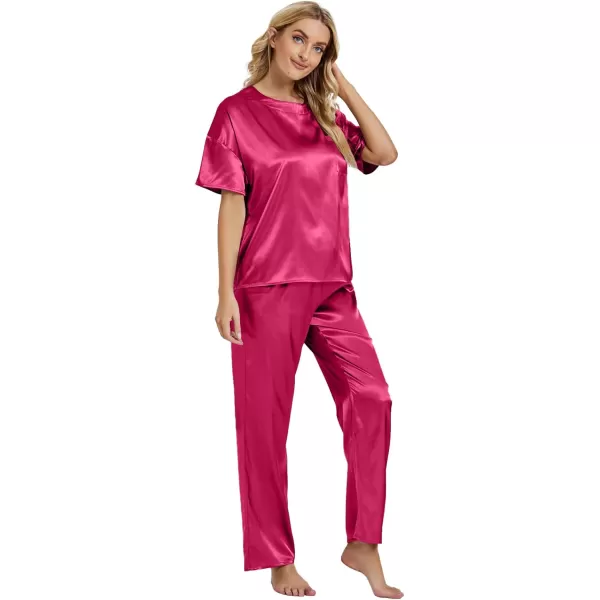 LYANER Women's Satin Silk Pajama Set Short Sleeve T-shirt with Pants Set PJ Loungewear